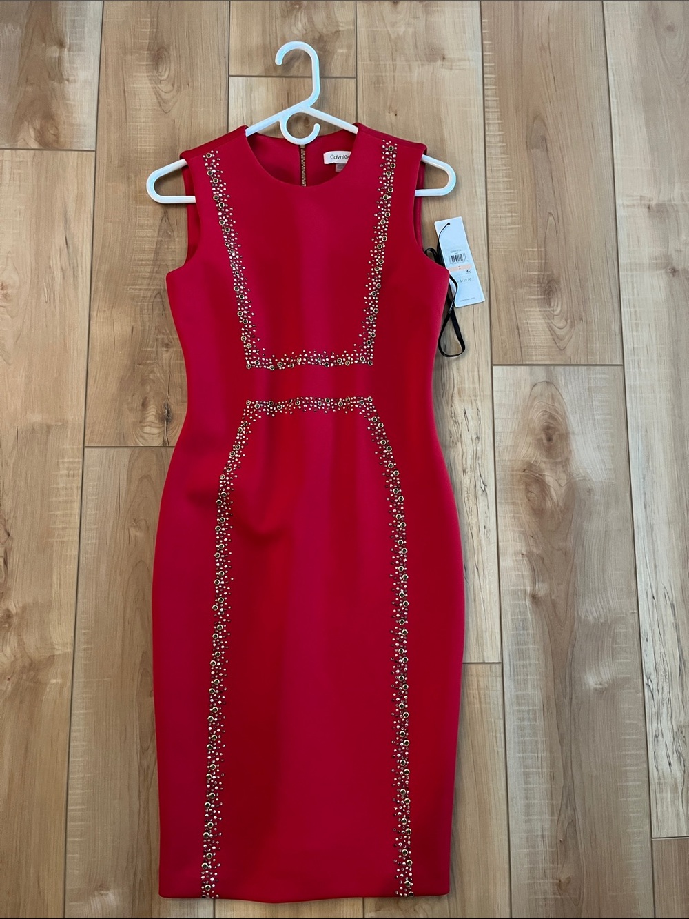 Calvin Klein Red Sleeveless Midi Sheath Dress with Gold Embellishment